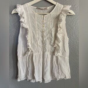 ZARA Trafaluc Collection Cottage Core Cotton White Ruffle Top Size Medium button